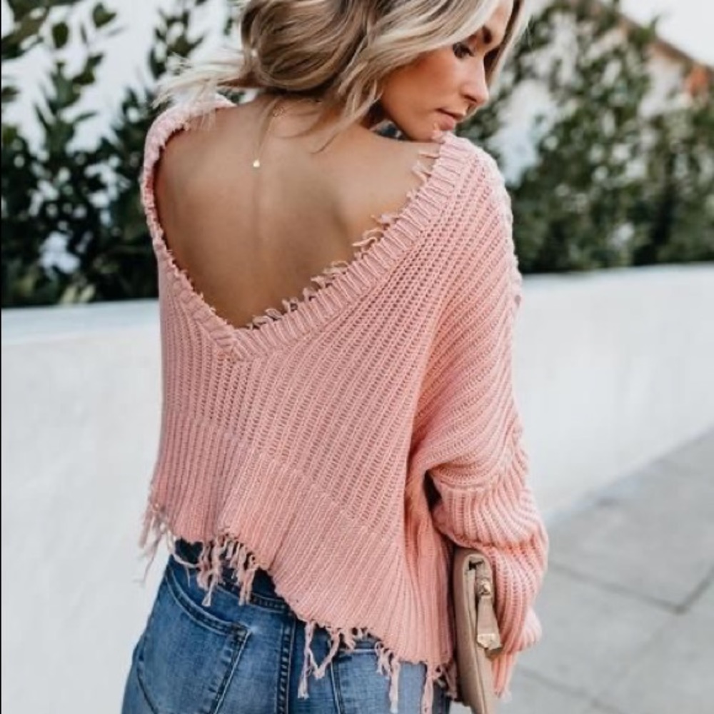 Boho Ripped frayed distressed v neck sweater TAN - Picture 9 of 10